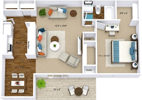 Floor plan for 1 bed, 1 bath, 772 sqft